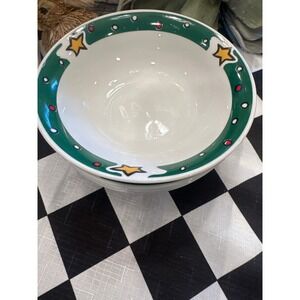 Gibson Everyday Christmas treasure Cereal Soup Bowls Green Rim  Stars Set of 4